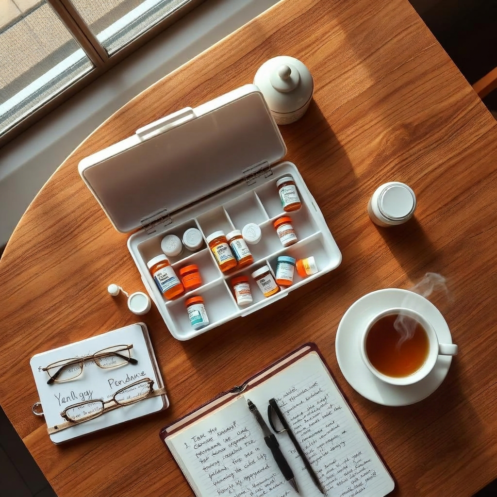 Weekly pill organizer with prescription bottles, notebook, and glasses on a wooden table — representing medication review and deprescribing